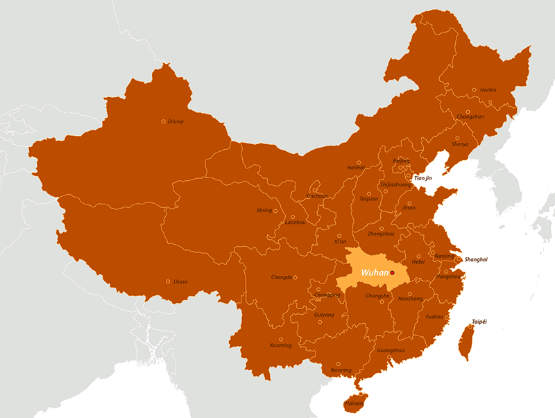 Harta China provincii și municipalități- localizarea orașului Wuhan, sursa cazurilor de pneumonie cu coronavirus