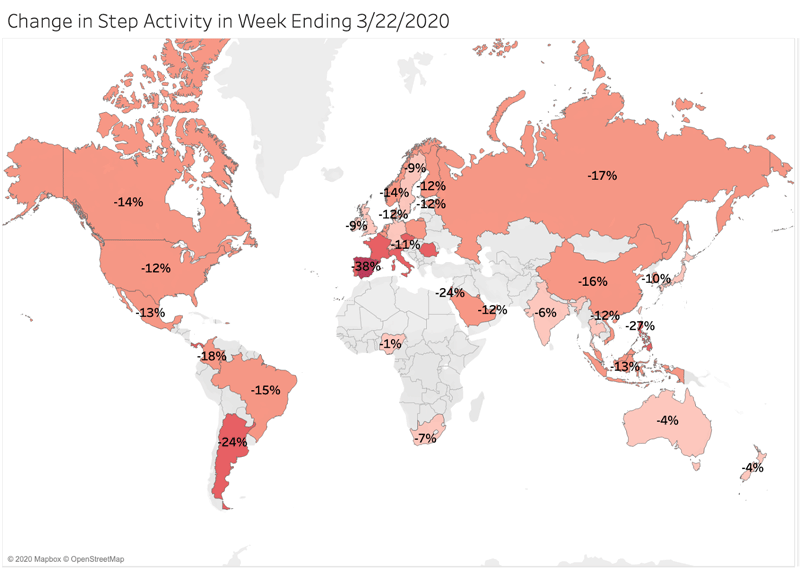 Grafic hartă mondială și număr de pași în a treia săptămână din martie.