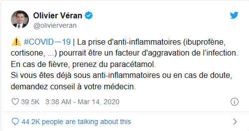 ministrul francez al sanatatii twitter ibuprofen covid19